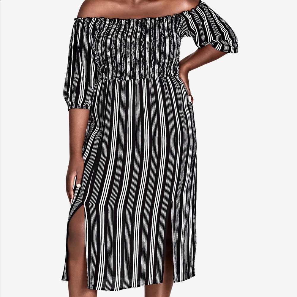 City Chic stripe play midi smocked black white NWT